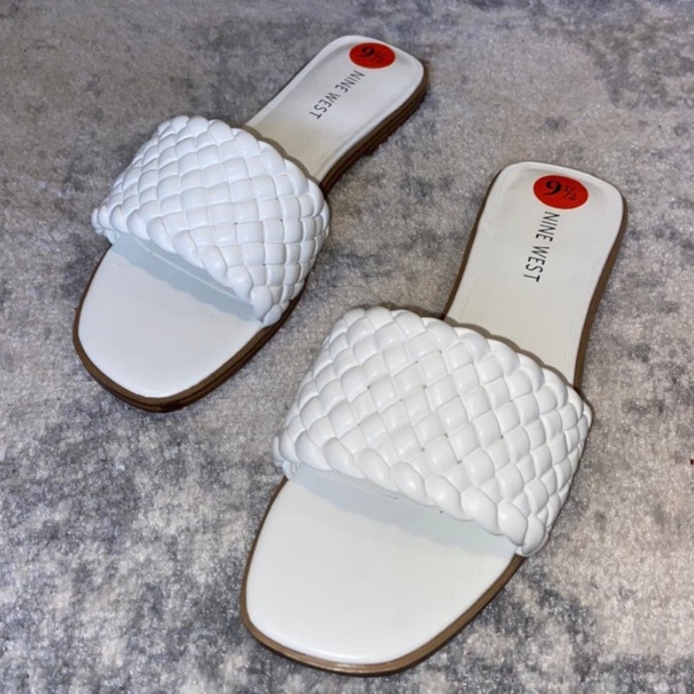 Women’s white flat Nine West strap slide sandals